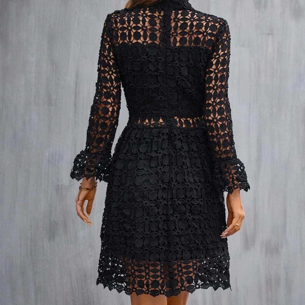 black Mock Neck Flounce Sleeve Lace Dress - Picture 6 of 10